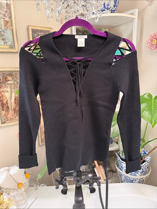 Cache Sweaters - Cache Black Lace-Up V-Neck Cold Shoulder Sweater